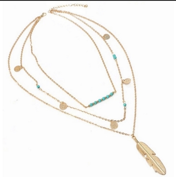 Boutique Jewelry - Boho Gold Turquoise Bar Layered Feather Necklace‎